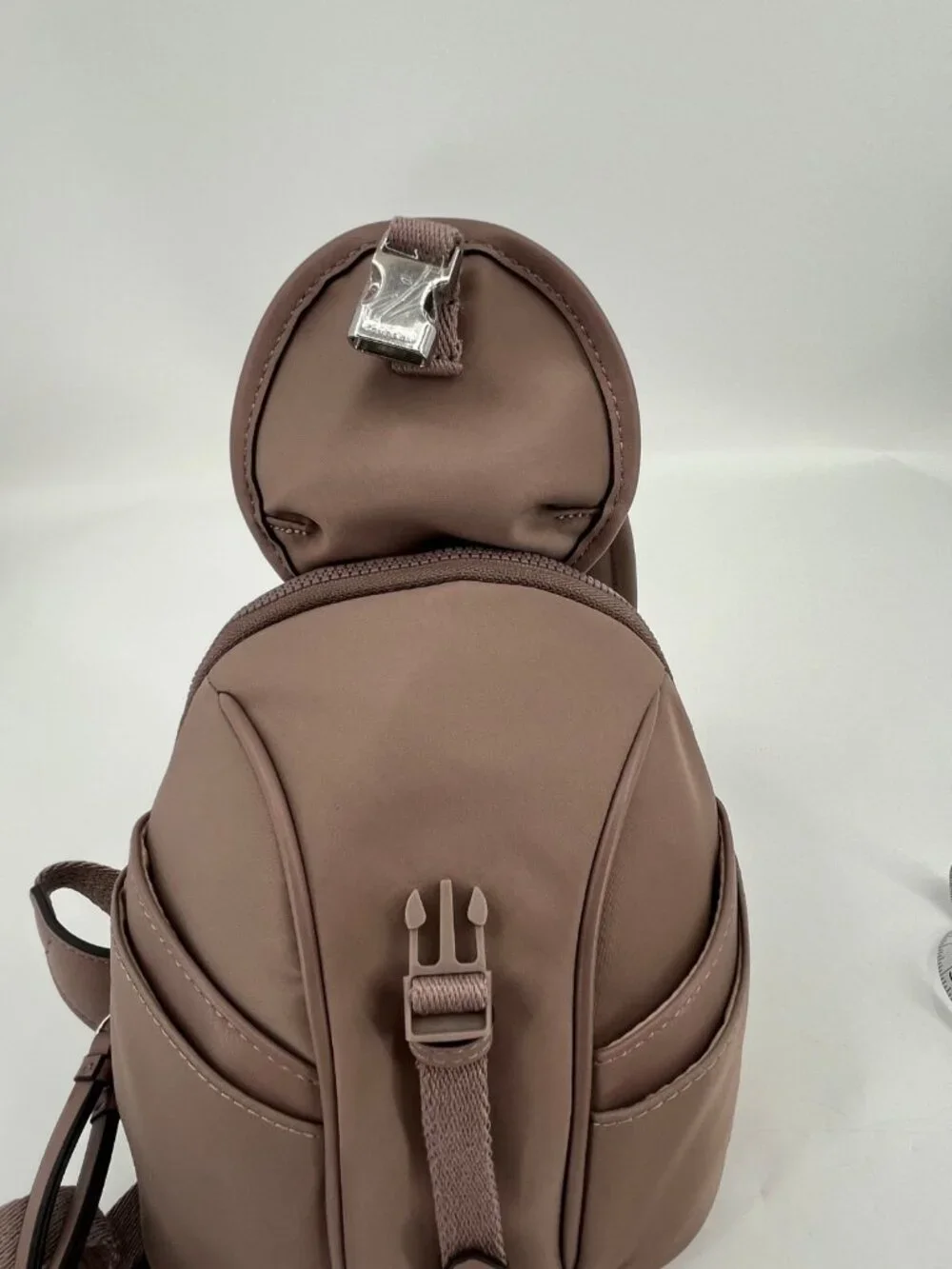 Calvin Klein Shay Mini Backpack Taupe Nylon Zip Buckle Front Pockets Adjustable
